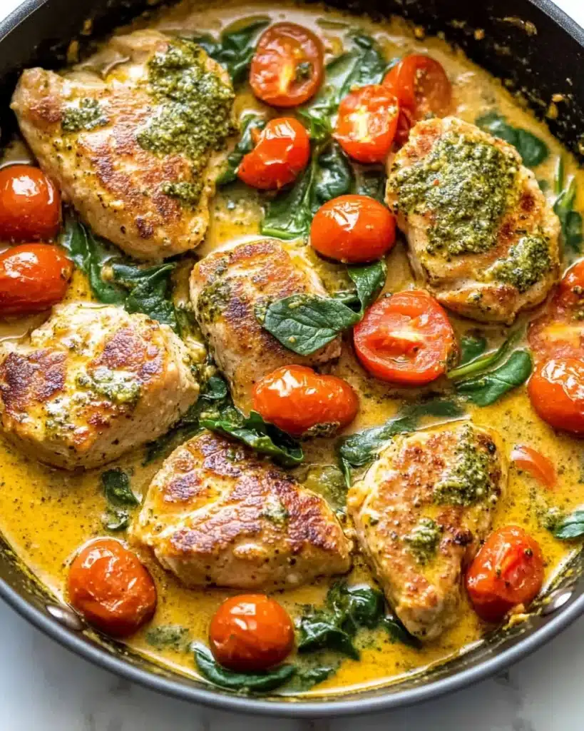 Creamy Pesto Chicken with Roasted Tomatoes & Spinach Recipe