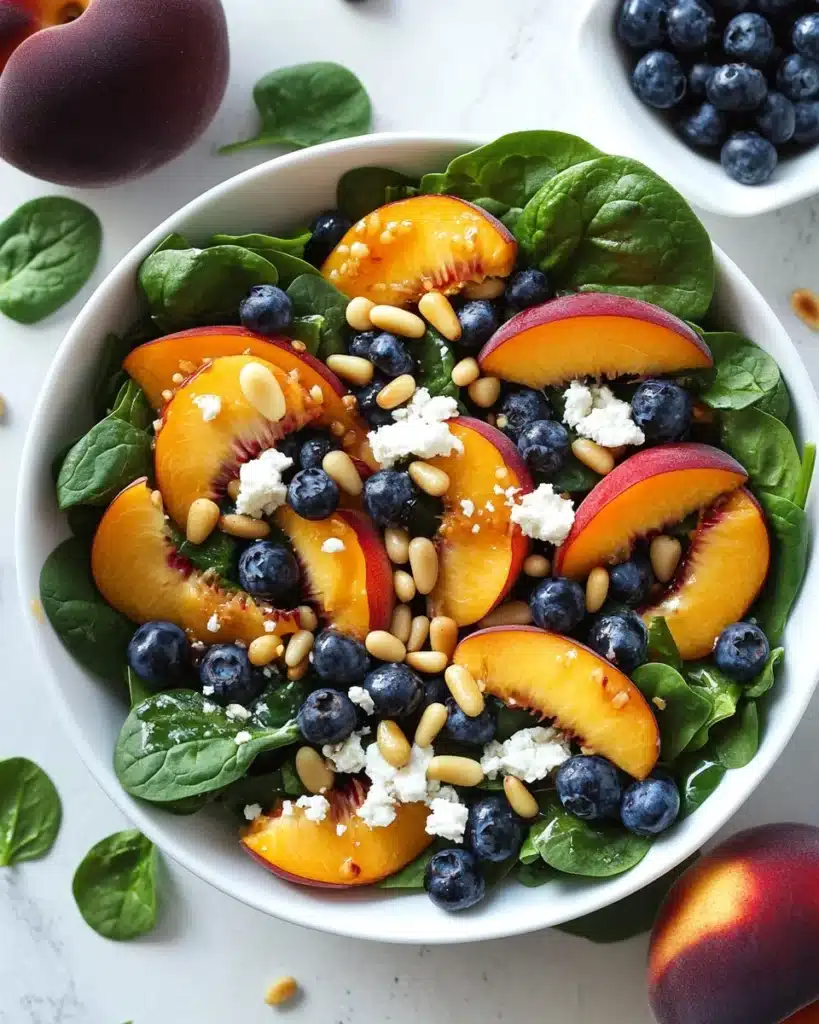 Summer Peach Salad with Spinach, Blueberries, and Feta Cheese Recipe
