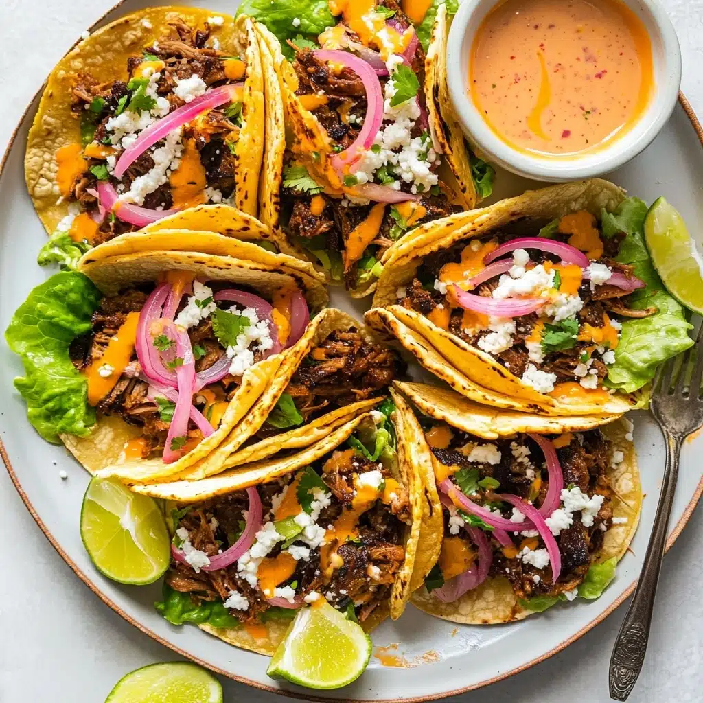 Shredded Beef Tacos with Chipotle Honey Sauce & Pickled Onions Recipe - Recipe Image