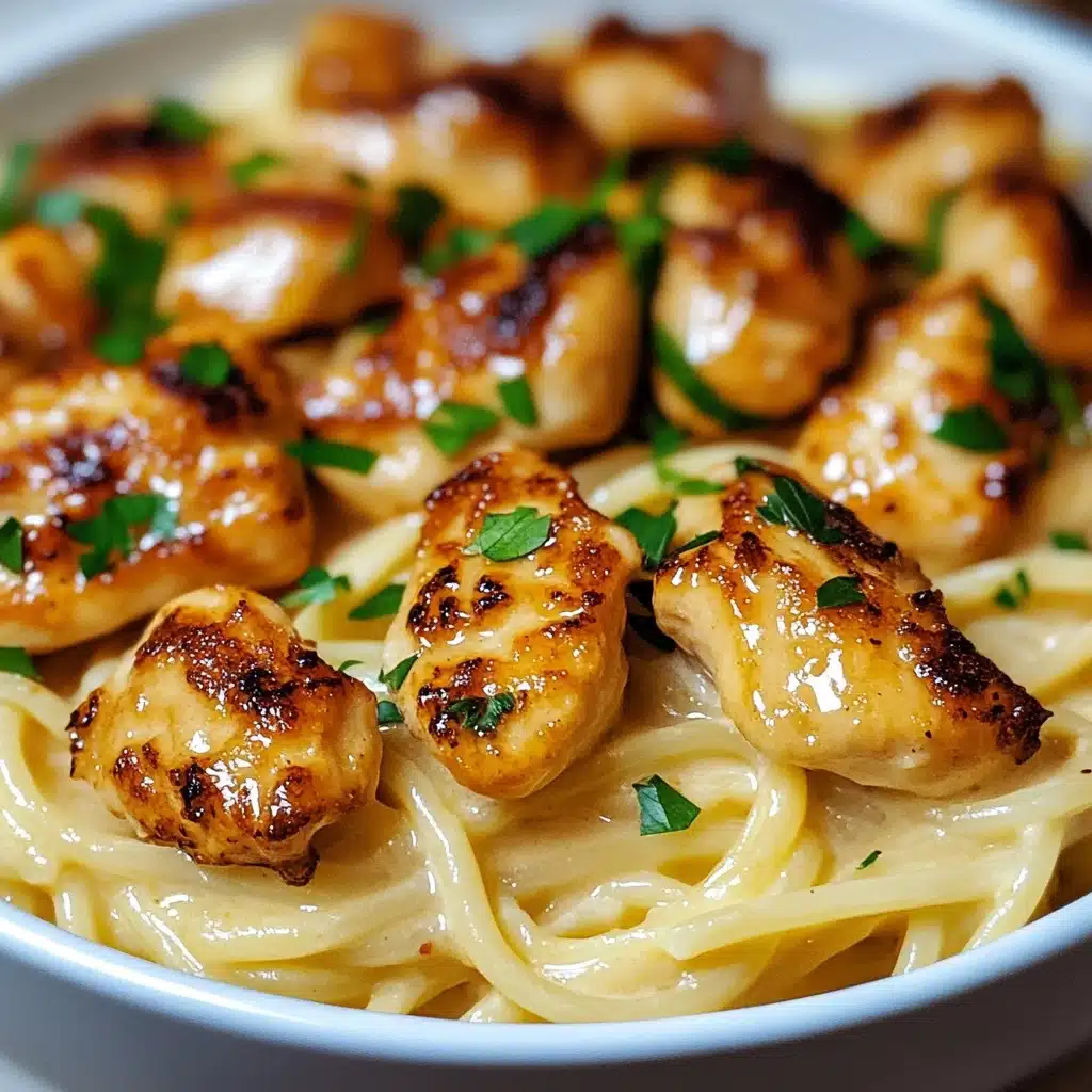 Garlic Butter Chicken Bites with Savory Creamy Parmesan Pasta Recipe - Recipe Image