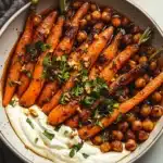 Spicy Maple Roast Carrots with Crispy Chickpeas and Yogurt Sauce Recipe