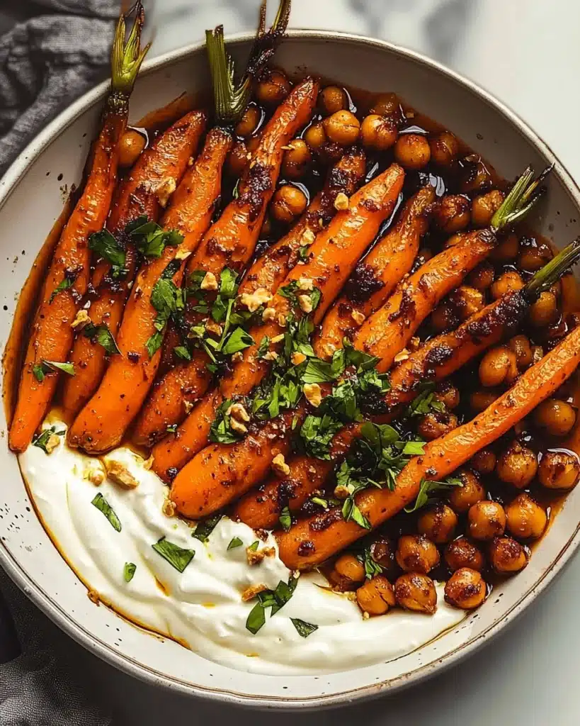 Spicy Maple Roast Carrots with Crispy Chickpeas and Yogurt Sauce Recipe