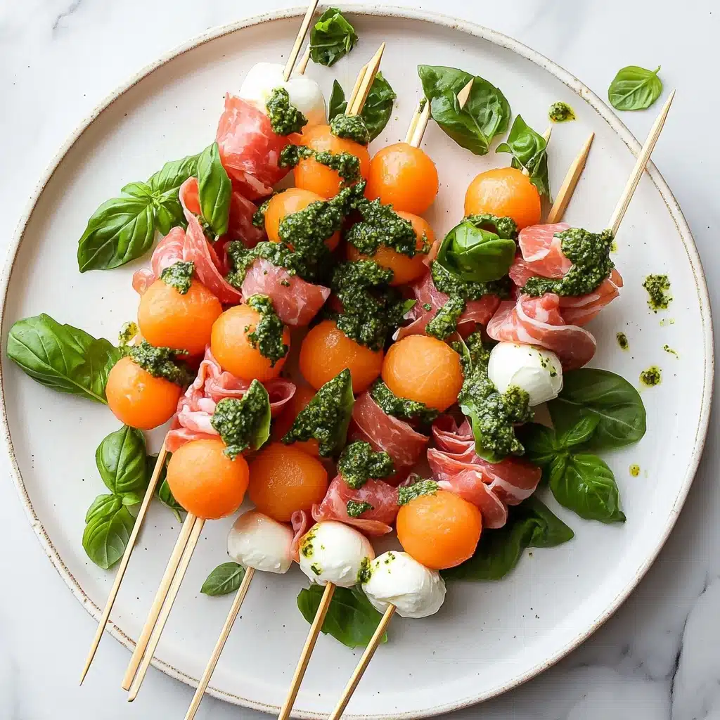 Cantaloupe Prosciutto Skewers with Lemon Mint Pesto Recipe - Recipe Image