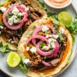 Shredded Beef Tacos with Chipotle Honey Sauce & Pickled Onions Recipe