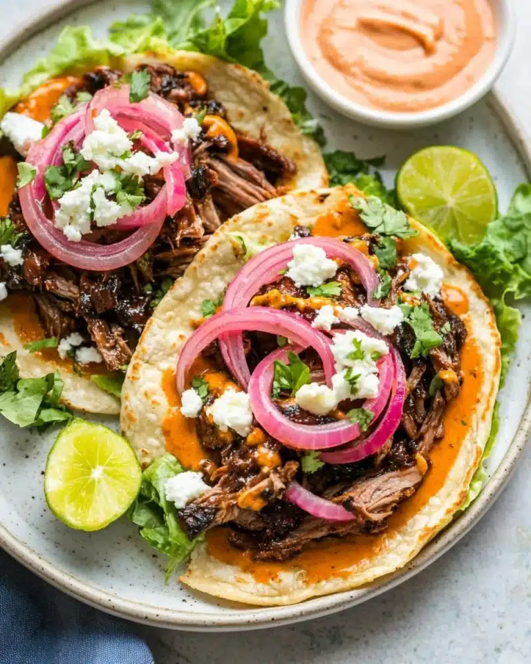 Shredded Beef Tacos with Chipotle Honey Sauce & Pickled Onions Recipe