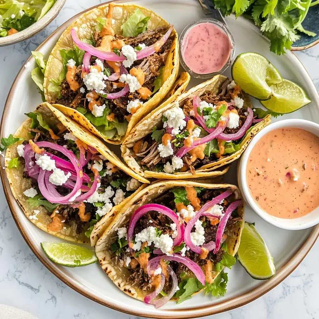 Shredded Beef Tacos with Chipotle Honey Sauce & Pickled Onions Recipe - Recipe Image
