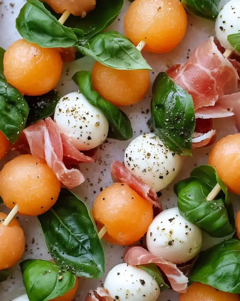 Cantaloupe Prosciutto Skewers with Lemon Mint Pesto Recipe
