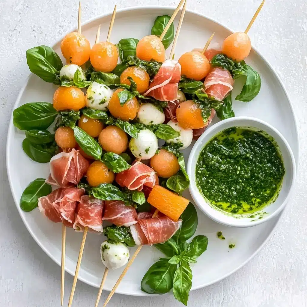 Cantaloupe Prosciutto Skewers with Lemon Mint Pesto Recipe - Recipe Image