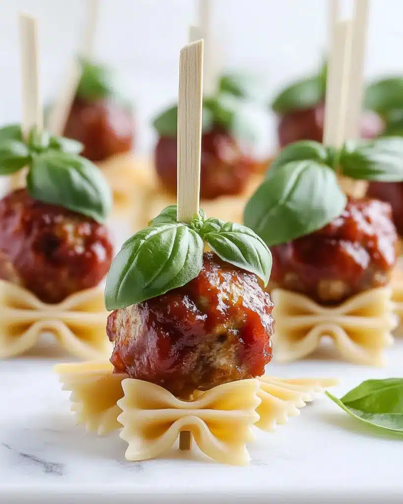 Bowtie Pasta and Cocktail Meatball Skewers Recipe
