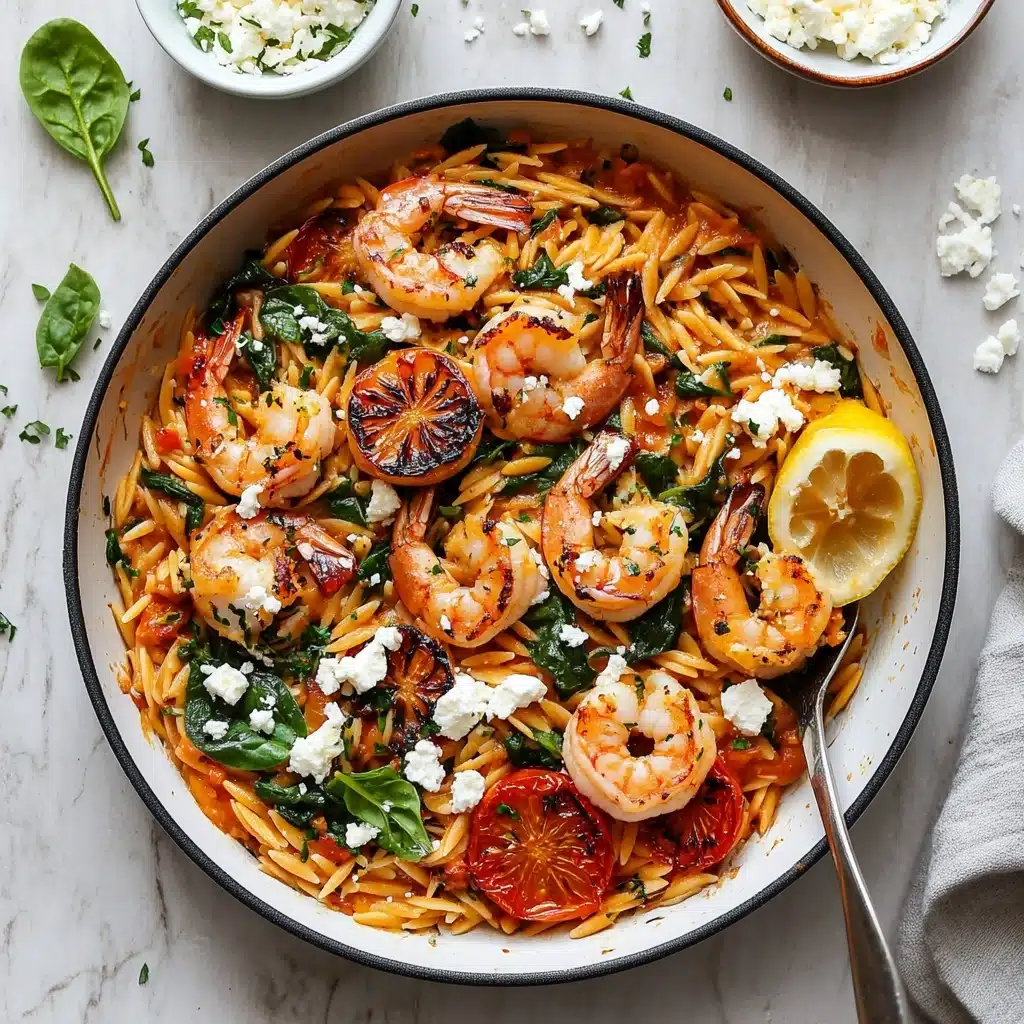 One Pot Harissa Shrimp and Feta Orzo Recipe - Recipe Image