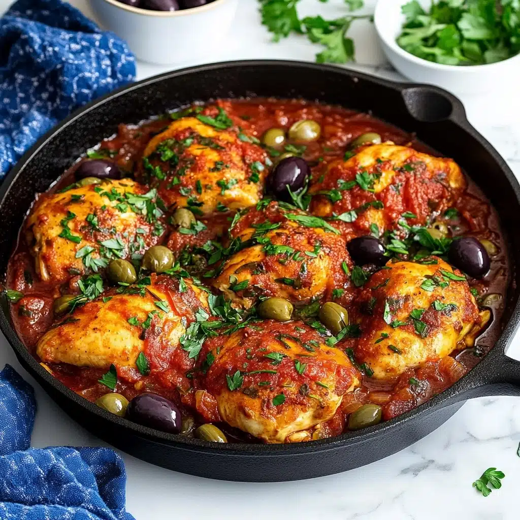 Chicken Puttanesca, Chicken Puttanesca recipe, Mediterranean chicken dinner, easy chicken puttanesca, flavorful chicken dishes The image shows a black cast iron skillet filled with eight pieces of cooked chicken in bright red tomato sauce, topped with green chopped parsley, dark purple sliced olives, and small green capers scattered across. The chicken pieces are golden brown with a slightly crispy texture, sitting evenly in the thick sauce. The skillet is placed on a white marbled surface, with a folded blue cloth in the background and bowls holding more green parsley and olives nearby.