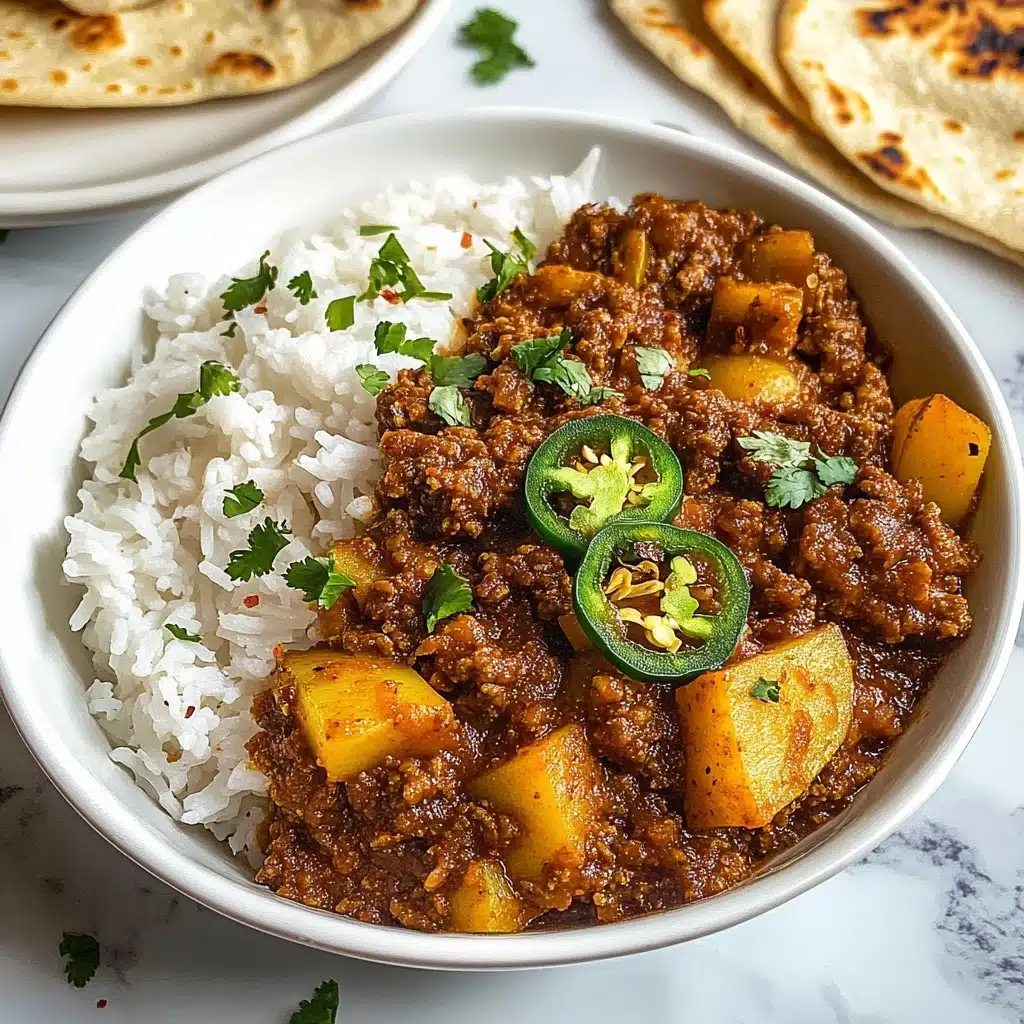 Mexican Picadillo, Mexican Picadillo Recipe, Easy Mexican Dinner, Ground Beef Mexican Dish, Comfort Food Recipes A white bowl filled with two main layers: the bottom layer is white fluffy rice covering half the bowl, and the top layer is a thick, rich brown mixture of cooked ground meat and diced yellow potatoes with bits of translucent cooked onions, all mixed in a dark, glossy sauce. The meat mixture is sprinkled with fresh small green cilantro pieces and topped with several thin, round slices of bright green jalapeño peppers. The bowl is placed on a surface with a white marbled texture. In the background, slightly out of focus, there is a stack of white soft flatbreads on a dark round plate. Small scattered red chili flakes and green herbs are spread over the surface around the bowl.