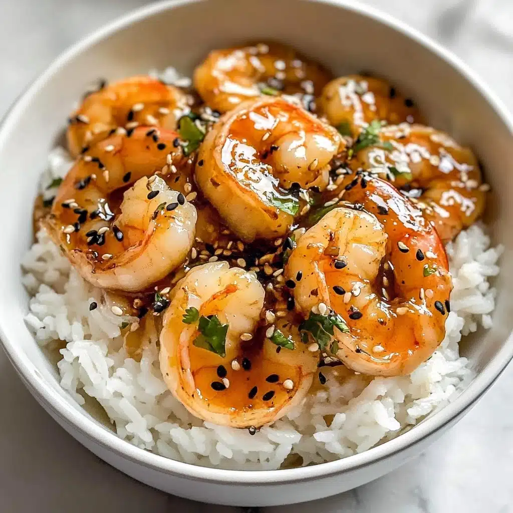 Ginger Garlic Sesame Shrimp, flavorful shrimp dishes, quick seafood recipe, stir-fry shrimp recipes, easy shrimp dinner Ideas A white bowl filled with a base layer of fluffy white rice, topped with a layer of shiny shrimp coated in a golden-brown sauce. The shrimp layer is garnished with small black and white sesame seeds and sprinkled green parsley leaves, adding contrast and texture. The sauce glistens over both the shrimp and rice, and the dish is presented on a white marbled surface.