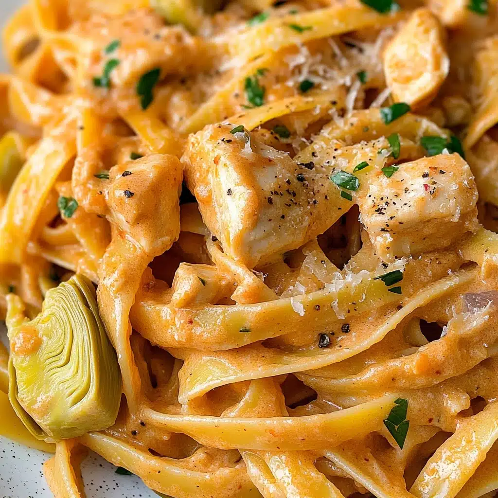 Creamy Chicken Artichoke Pasta, Chicken Artichoke Pasta, Easy Creamy Pasta Recipe, Weeknight Chicken Pasta, Gourmet Chicken Pasta Dish The image shows a close-up of pasta with three main layers visible. The bottom layer is long, flat pasta noodles in a creamy, light orange sauce with a smooth texture. Scattered on top are chunks of light pink cooked chicken mixed with pieces of soft artichoke hearts that are pale yellow with a slightly fibrous texture. There are small bits of green herbs sprinkled throughout, adding a touch of color contrast. The pasta and sauce are well mixed with a lightly grated topping of white cheese. The whole dish rests on a surface with a white marbled texture.