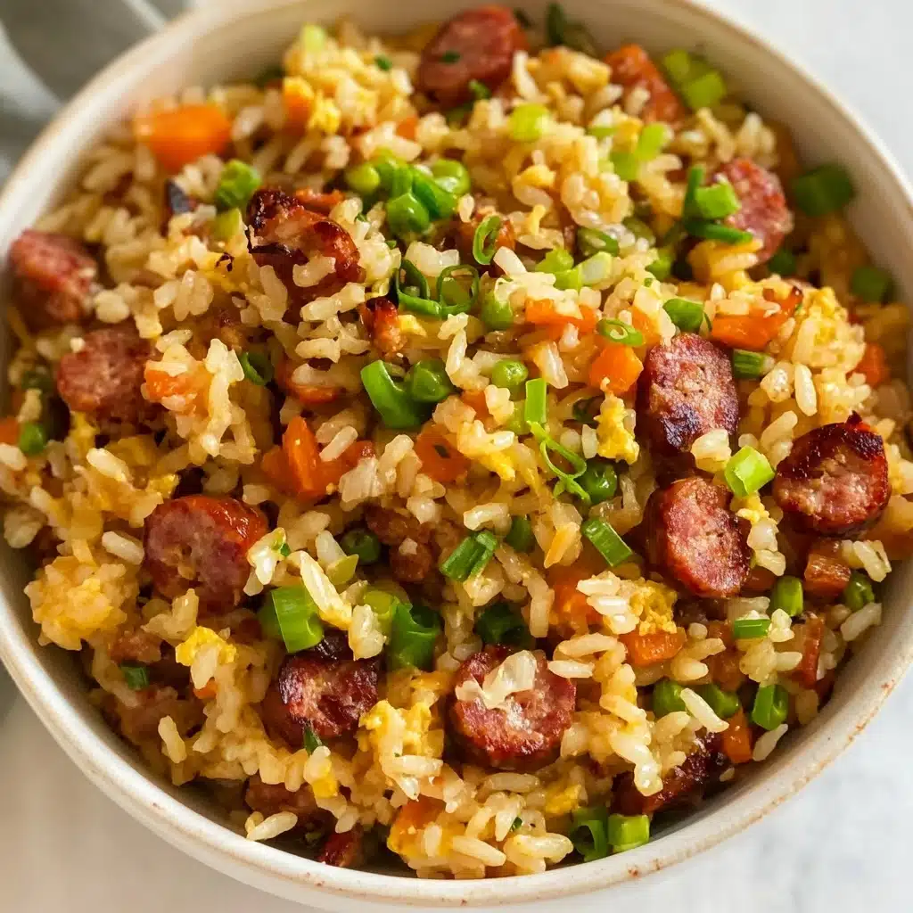 Easy Sausage Rice, Cajun Dirty Rice, Cajun Sausage and Rice, Spicy Cajun Rice Bowls, Quick Cajun Dinner A bowl filled with a mixed dish showing three main layers: the base layer is light brown cooked rice mixed with small bits of red and yellow peppers, the middle and top layers have chunks of brown sausage and darker brown cooked ground meat, sprinkled with bright green sliced spring onions all over. The bowl is white, and there is a black spoon resting inside it. Next to the bowl is a smaller white bowl filled with extra green spring onion slices. The background has a white marbled texture, and a beige cloth is partially visible on one side.