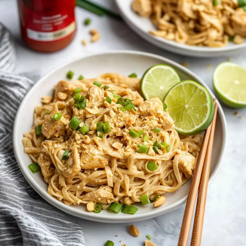 Creamy Peanut Noodles with Chicken, peanut noodles, chicken noodle recipes, easy Asian noodle dish, quick weeknight dinner ideas A dish of creamy noodles is shown in a white plate placed on a white marbled surface. The noodles are light beige and mixed with small, light brown pieces of chicken. On top, bright green chopped spring onions and crushed peanuts are sprinkled, giving texture and color. Two thin lime slices rest on the right side of the dish. To the right, wooden chopsticks lean against the plate's edge. In the background, there is another white plate with similar noodles and spring onions, slightly out of focus. A red bottle of sauce is on the left, near a gray and white striped cloth. A halved lime is also placed on the marbled surface near the bottom right corner.