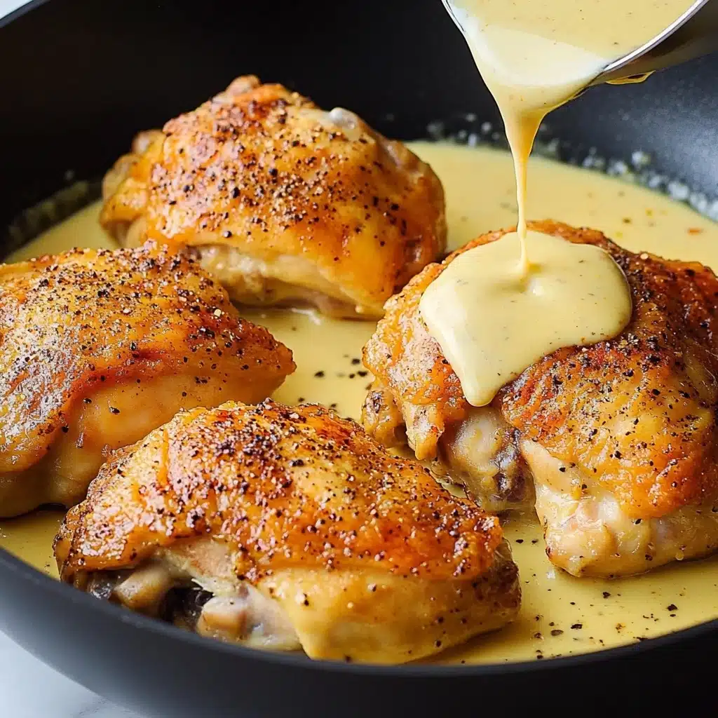 Quick and Easy Butter Chicken, simple butter chicken recipe, homemade butter chicken, best butter chicken dinner, flavorful butter chicken In a black pan, there are four golden brown pieces of cooked chicken with crispy skin and sprinkled with black pepper and spices, sitting in a light yellow sauce that is shallow in the pan. A creamy pale yellow sauce is being poured over one piece on the front right side, showing a smooth texture contrasting with the chicken's crispiness. The pan and food rest on a white marbled surface.