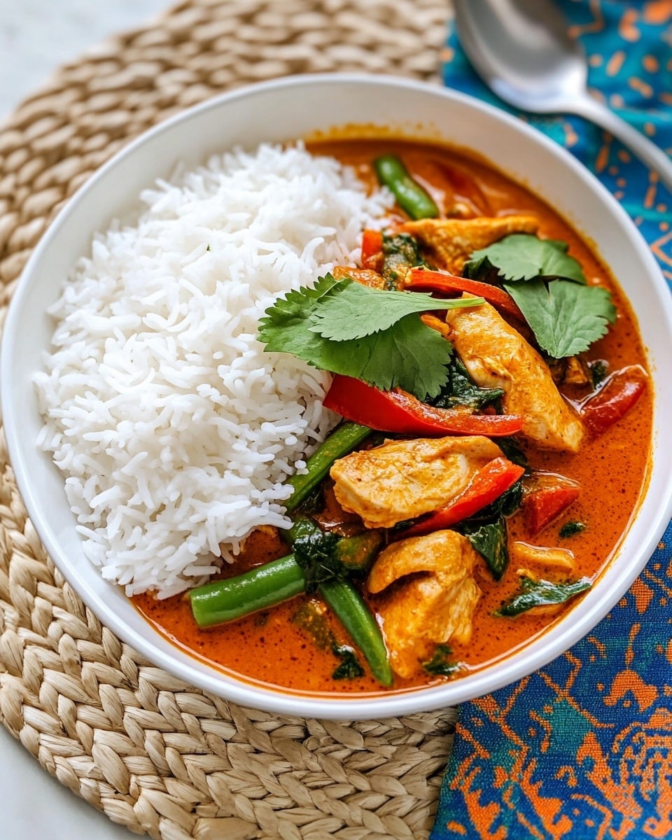 Thai Red Curry Chicken, Thai curry recipes, spicy chicken curry, coconut milk curry, authentic Thai chicken dishes A white bowl holds a dish with two main parts: on the left is a neat mound of white rice with a soft, fluffy texture, and on the right is a rich orange-red curry with pieces of tender cooked chicken, green beans, red bell pepper strips, and fresh spinach leaves, all mixed in a smooth sauce. Bright green cilantro leaves are scattered on top of the curry for garnish. The bowl sits on a round woven placemat over a white marbled surface, next to a silver spoon and fork resting on a vibrant blue and orange patterned cloth.