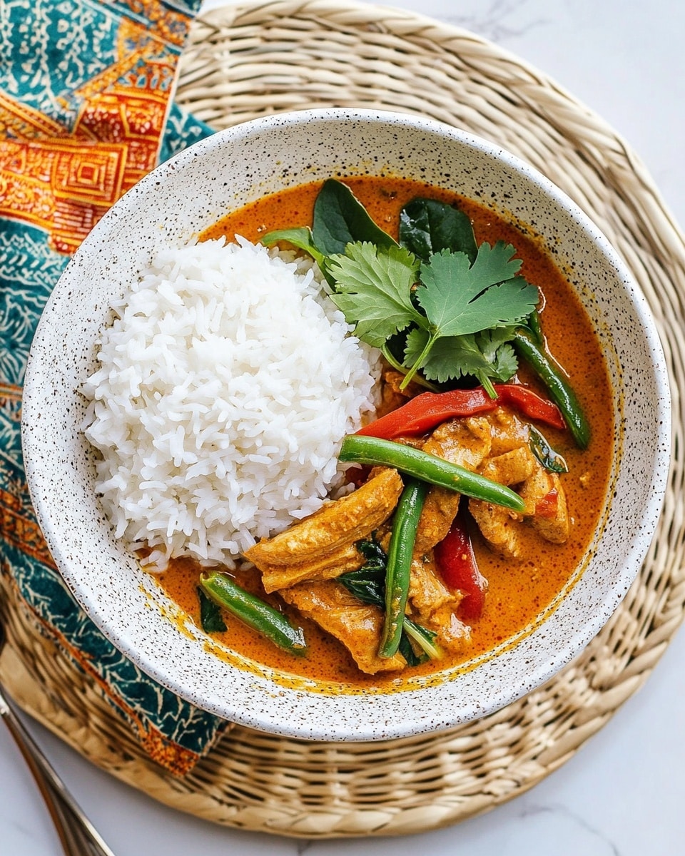Thai Red Curry Chicken, Thai curry recipes, spicy chicken curry, coconut milk curry, authentic Thai chicken dishes A white speckled bowl sits on a round wicker tray with a white marbled surface underneath. Inside the bowl, there are two main layers: on the left side, a dome of plain white rice with soft, separated grains, and on the right side, a rich curry with orange-brown sauce containing thin slices of light brown meat, green beans, red pepper strips, spinach leaves, and garnished with fresh green cilantro leaves. Next to the bowl, on the white marbled surface, there is a silver spoon and fork with wooden handles resting on a folded turquoise and orange patterned cloth.