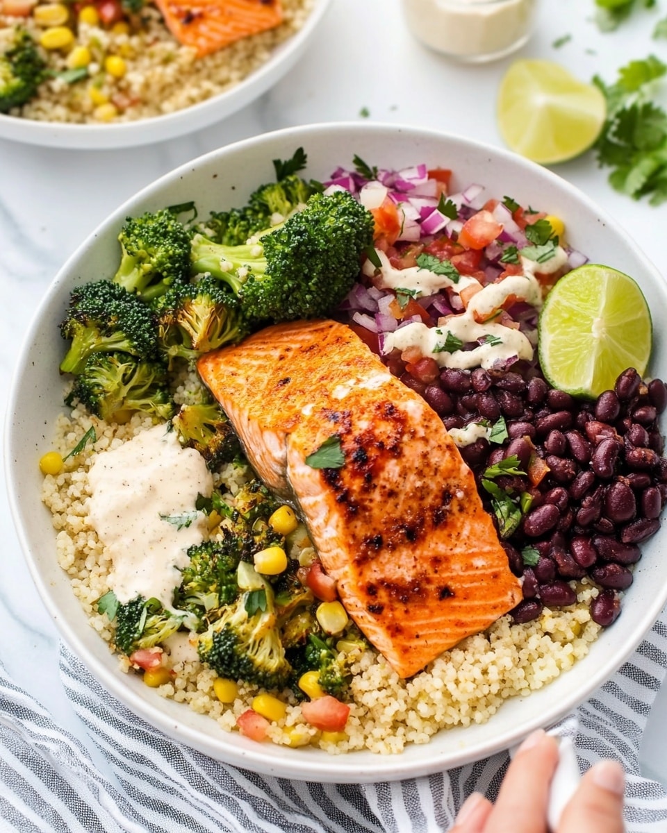 Teriyaki Salmon Bowl with Vegetables and Avocado, healthy salmon bowl, easy salmon dinner, quick veggie and fish bowl, flavorful salmon rice bowl The image shows a white bowl filled with a colorful meal arranged in layers. The bottom layer is light yellow couscous, soft and grainy, covering the entire base of the bowl. On top of the couscous, there are bright green roasted broccoli florets clustered on one side. Next to the broccoli is a section of mixed black beans, corn, and finely chopped tomatoes and onions, creating a dark and red-speckled texture. A piece of cooked salmon with a shiny orange-pink surface sits partially on top of the couscous and broccoli, with some white sauce drizzled on the salmon. A woman's hand is holding a white spoon dipping into the bowl. The bowl is placed on a soft striped cloth on a white marbled surface with lime slices and small containers of oil or sauce nearby.