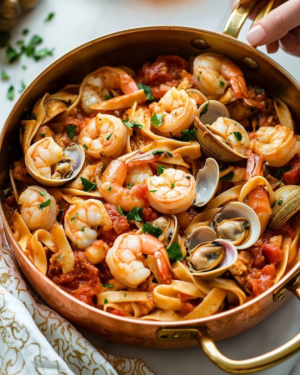 Seafood Fra Diavolo with Bucatini and Spicy Tomato Sauce, spicy seafood pasta, seafood pasta recipes, seafood fra diavolo, bucatini seafood dish A round metal pan filled with a seafood pasta dish sits on a white marbled surface. The dish has thick, white, spaghetti-like noodles mixed with pink shrimp, light brown scallops, and closed clam shells. Bright red tomato pieces and green chopped herbs are scattered throughout, adding vibrant color. The pan’s lid rests open to the side on a white cloth with gold embroidery. Nearby, there is a white plate with gold-colored cutlery and two glasses of light-colored drinks in the background.