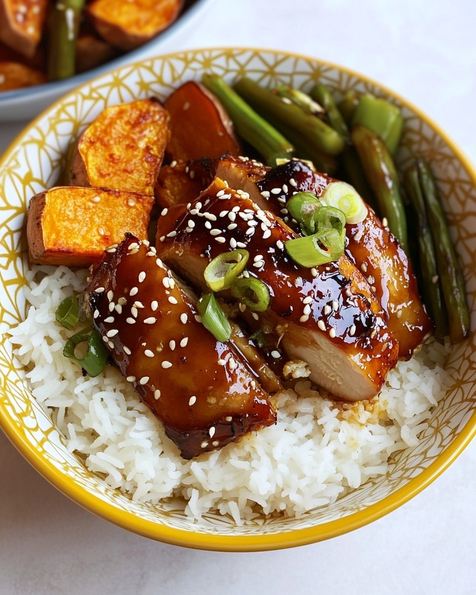 Sheet-pan Miso Honey Chicken, Sheet-pan Miso Honey Chicken with Roasted Sweet Potatoes and Asparagus, Easy Sheet-pan Chicken Dinner, Healthy Honey Miso Chicken, One-Pan Roasted Chicken and Veggies A white bowl with a yellow patterned rim holds a layered dish. The bottom layer is white rice, fluffy and spread evenly. On top of the rice, there is a glazed piece of cooked chicken, shiny with a brown sauce and sprinkled with white sesame seeds and small green onion slices. Around the chicken are thick slices of roasted sweet potatoes, orange and soft with slightly browned edges, along with green roasted vegetable stalks placed beside them. The bowl sits on a white marbled surface.