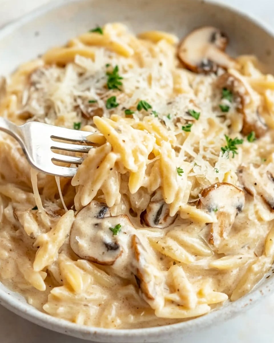 Chicken Marsala Orzo, Chicken Marsala with Orzo, Easy Chicken Marsala Recipe, Creamy Chicken Marsala Dish, One-Pot Chicken Marsala A close-up of creamy pasta in a white bowl placed on a white marbled surface. The pasta has short, flat pieces covered in a smooth, light beige sauce mixed with thin mushroom slices. On top, there is a sprinkle of grated cheese and small green herb leaves. A woman's hand is holding a fork lifting some pasta from the bowl, showing the creamy texture and mushrooms clearly. The overall colors are beige, light brown, white, and green accents from the herbs.