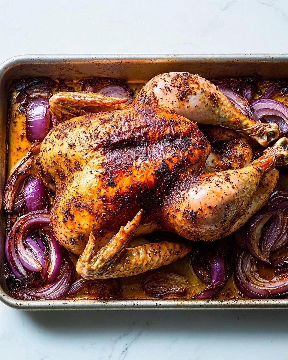 Sheet-Pan Roasted Red Onion Chicken, roasted red onion chicken recipe, easy sheet-pan chicken dinner, flavorful weeknight chicken, caramelized onion chicken A metal tray filled with cooked chicken pieces and roasted onion wedges on a white marbled surface. The tray holds seven large chicken pieces with a crispy, browned skin in different shades of golden brown to dark brown, showing some charred spots. The pieces are arranged unevenly, with five chicken parts positioned in the corners and center, surrounded by curved, caramelized red onion slices that have a deep purple and brown color from roasting. Small green thyme leaves are scattered lightly over the chicken and onions. The tray shows some oily cooking juices pooled in certain areas, adding a glossy texture around the food