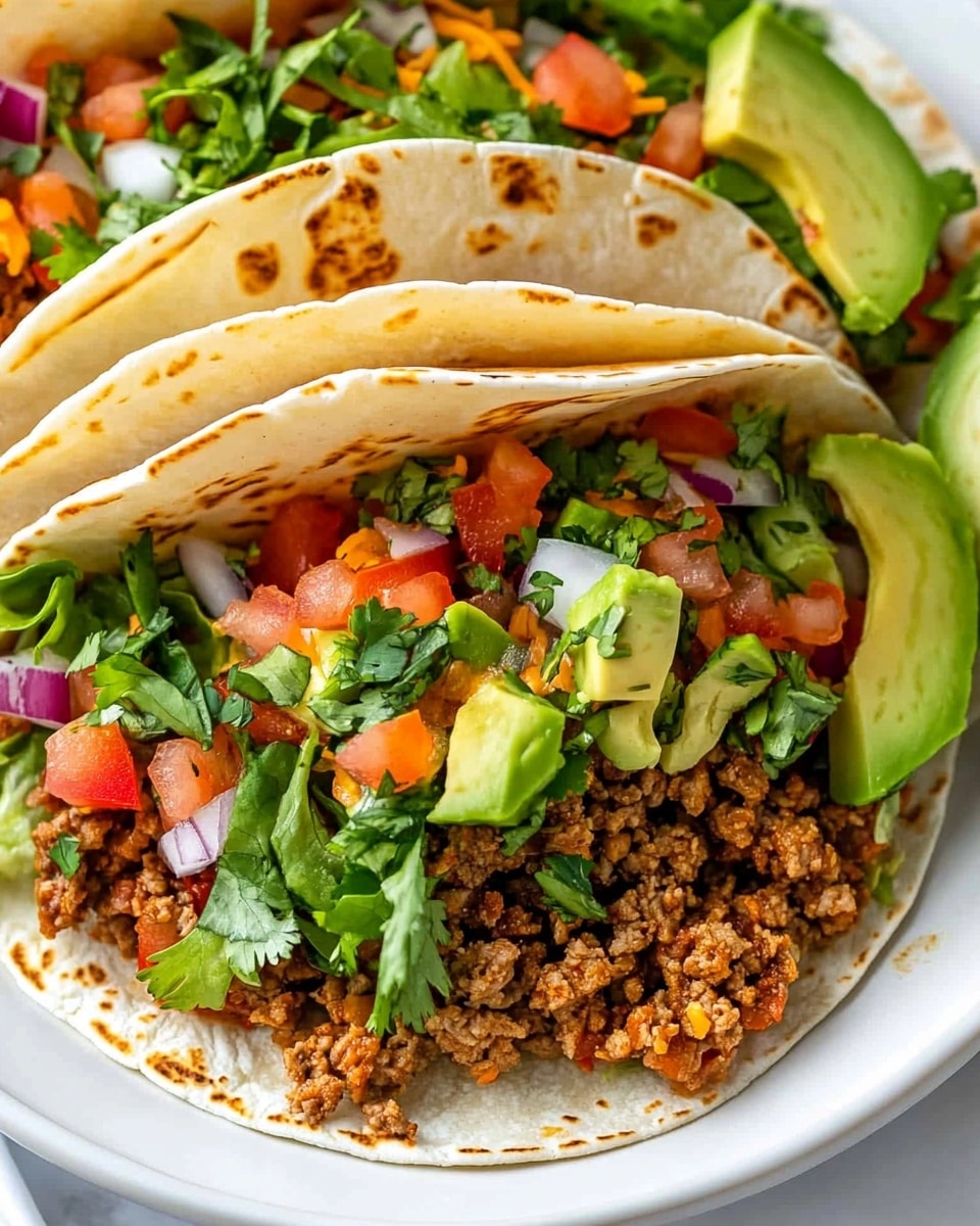 The Best Instant Pot Taco Meat, Instant Pot Taco Meat, Quick Taco Meat Recipe, Healthy Taco Meat, Easy Dinner Ideas Two soft tortillas with light char marks are folded and filled with layers of seasoned brown ground meat at the bottom, topped with bright red diced tomatoes, small bits of orange and green vegetables, and light shredded yellow cheese. Fresh green avocado slices are placed on top, along with some finely chopped red onion and chopped green herbs scattered over all layers. The tortillas sit on a white plate with a wedge of lime visible in the corner, all placed on a white marbled surface.