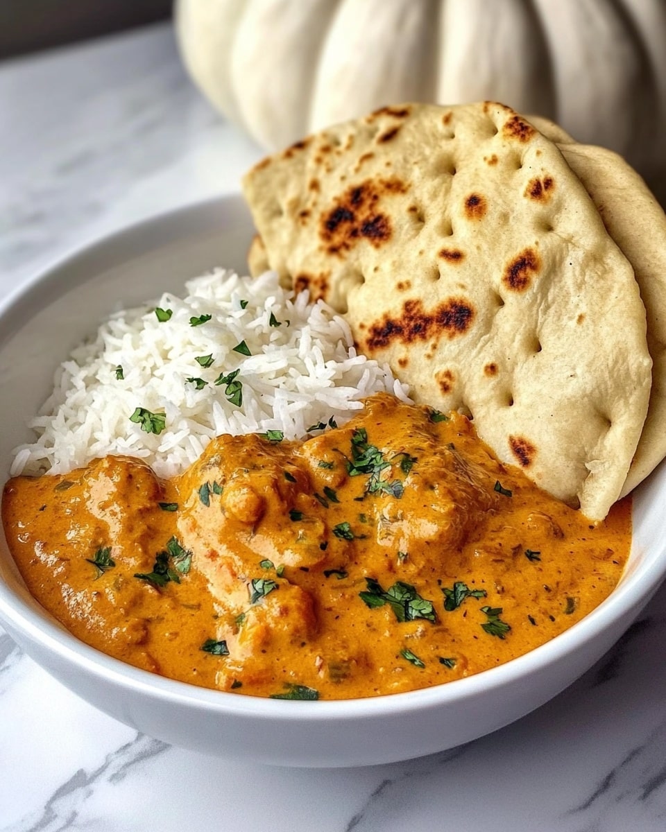 Homemade Butter Chicken, quick butter chicken, easy butter chicken recipe, creamy chicken dinner, Indian chicken dish A white bowl contains a three-layer meal with the bottom left filled with a thick orange curry sauce, speckled with green herbs and small pieces of food, showing a creamy and textured surface. To the right in the middle, there is a fluffy bed of white rice with green herb sprinkles on top. At the upper right of the bowl, there are four pieces of light golden brown naan bread arranged neatly and leaning against the rice. The bowl is placed on a white marbled surface with a white pumpkin in the blurred background.