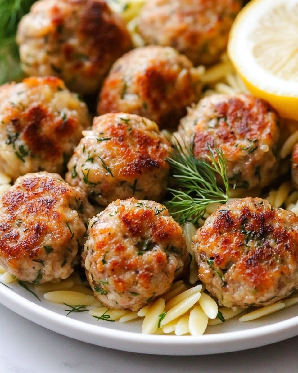 Greek Chicken Meatballs with Lemon Orzo, Greek chicken meatballs, lemon orzo pasta, Mediterranean chicken recipes, easy Greek dinner This image shows a white plate filled with about ten small, round meatballs that have a golden-brown crispy top with some green herb bits mixed inside. The meatballs rest on a bed of light yellow spaghetti noodles which peek out between them. There are small sprigs of fresh green dill placed around the meatballs, and a slice of fresh lemon is seen on the top right edge of the plate. The plate sits on a white marbled surface.