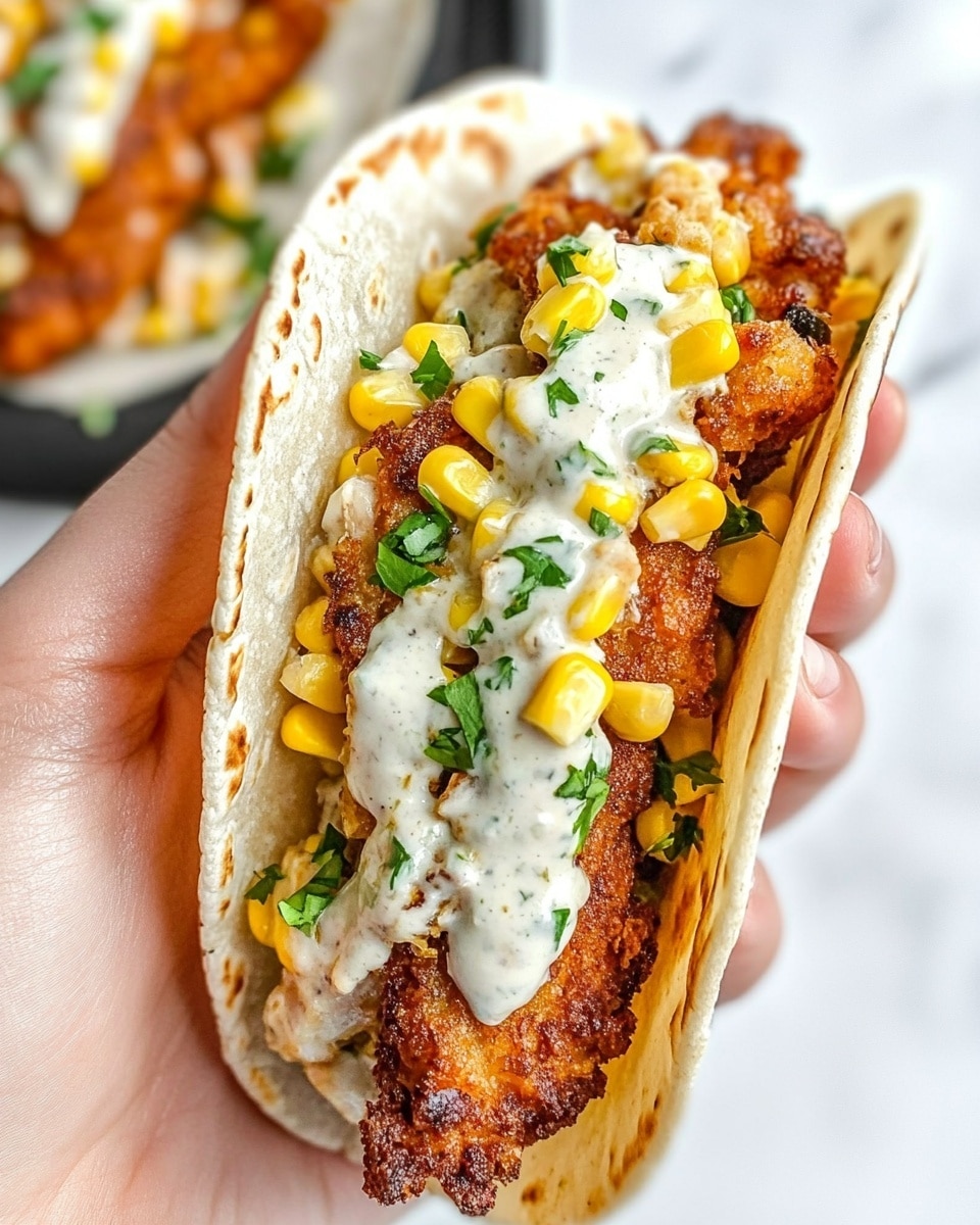 Fried Chicken Street Corn Tacos with Jalapeno Lime Ranch, street corn tacos with crispy chicken and jalapeno lime ranch, easy fried chicken tacos with street corn, flavorful street food tacos, homemade fried chicken and corn tacos The image shows a close-up of a taco with several clear layers. The base is a soft, lightly toasted white tortilla holding a crispy, golden brown fried fish fillet with a rough, crunchy texture that peaks out from the top. On top of the fish, there is a creamy white sauce drizzled unevenly, and underneath the sauce, there is a mix of grilled corn kernels and small green herbs, adding a pop of yellow and green color. The taco is sprinkled generously with crumbled white cheese that contrasts with the sauce and fish. The taco sits in a shiny metal taco holder, all placed on a white plate with a wedge of bright green lime on the side, against a white marbled surface.