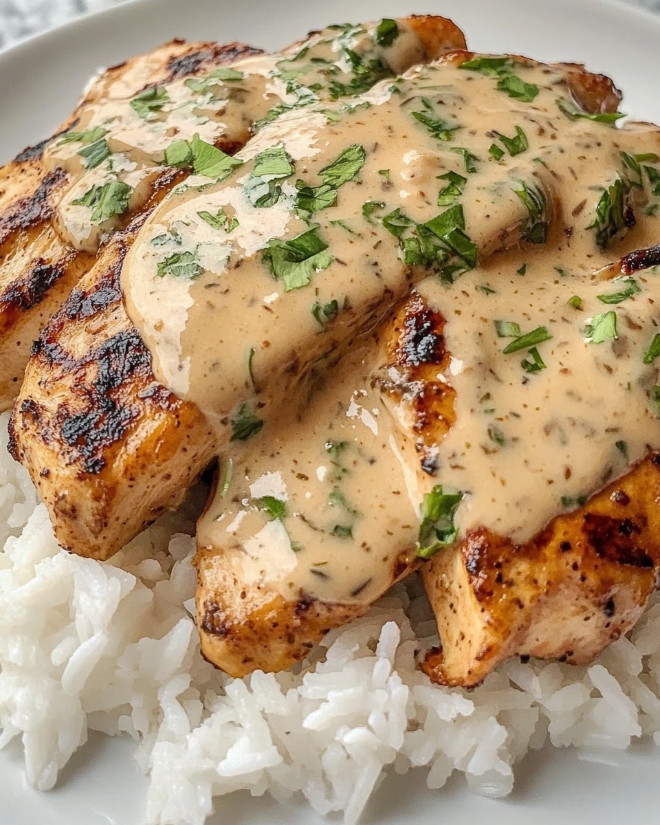 Creamy Garlic Chicken, creamy garlic chicken dinner, easy chicken recipes, quick chicken skillet, garlic parmesan chicken A close-up view of a black cast iron pan with a red handle, filled with five browned, cooked chicken pieces sitting in a creamy, light tan sauce with a smooth, slightly thick texture. The chicken has a rich caramelized orange-brown crust with some blackened spots and is topped with small chopped green herbs scattered across the surface. The sauce surrounds the chicken, showing some bubbles and swirls. The background surface visible under the pan is a white marbled texture.