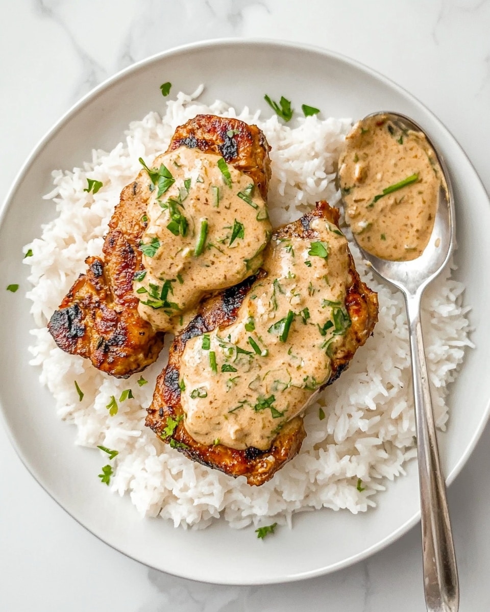 Creamy Garlic Chicken, creamy garlic chicken dinner, easy chicken recipes, quick chicken skillet, garlic parmesan chicken The image shows a white plate with a base layer of shiny, cooked white rice that looks soft and individual grains are visible. On top, there are pieces of grilled chicken that have a light brown, slightly crispy texture with some darker char marks. The chicken is covered with a thick, creamy sauce that is light tan in color and has green herbs mixed in, adding fresh pops of green throughout the sauce. The sauce looks smooth and coats the chicken well, sitting on top of the rice. The background is a white marbled texture.