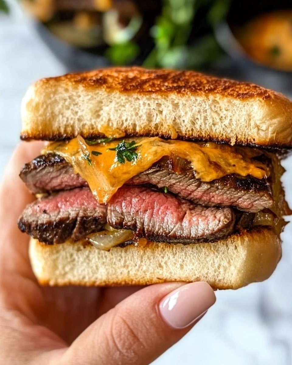 Cowboy Butter Steak Sliders, steak sliders with cowboy butter, hearty beef sliders recipe, savory burger sliders, easy steak sliders for parties A close-up of a juicy sandwich held by a woman's hand with light pink nails. The sandwich has two golden brown toasted buns with a shiny, slightly crispy top layer. Inside, there are thick slices of medium-rare steak showing pink centers and slightly charred edges, topped with melted orange cheese and caramelized onions. The background is a white marbled surface with a blurred look of fresh herbs and other food items.