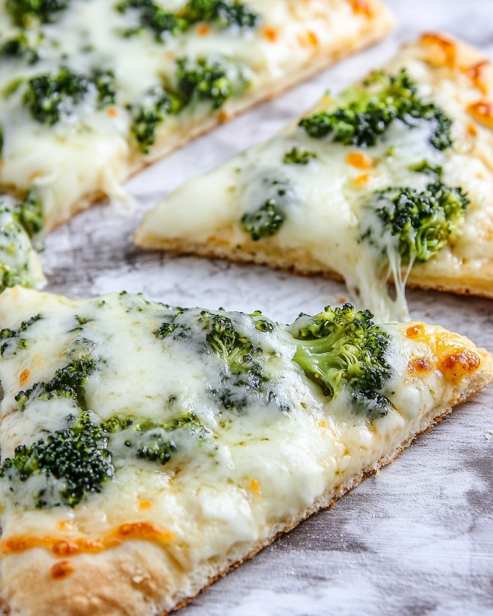 Chicken and Broccoli Alfredo Flatbread Pizza, quick flatbread pizza with chicken and broccoli, creamy Alfredo flatbread recipe, easy weeknight dinner ideas, cheesy flatbread pizza A flat pizza with one main layer of light golden-brown crust topped unevenly with white melted cheese and bright green broccoli florets spread across it. The cheese has a smooth, slightly shiny texture covering parts of the broccoli and the crust edges. There are loose bits of shredded cheese scattered on the gray wooden surface next to the pizza, along with a small pile of fresh green broccoli. The surface beneath the pizza is white marbled texture.