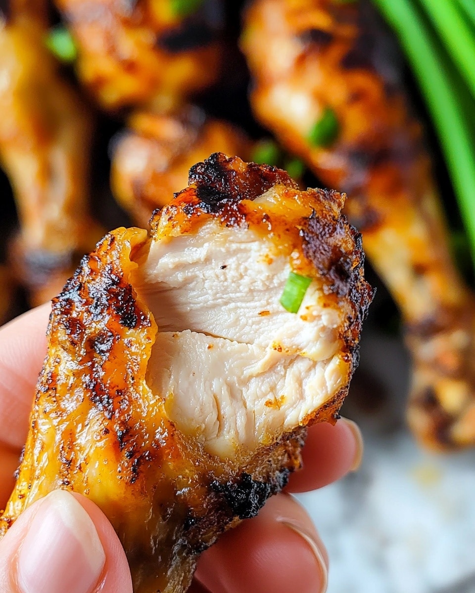 Air Fryer Chicken Wings, crispy chicken wings, quick chicken wing recipe, easy air fryer wings, healthy chicken wings A close-up view shows a grilled chicken drumstick held between a woman's thumb and fingers, with the white cooked meat inside visible where a bite has been taken. The drumstick has a crispy, golden-brown skin with some charred black spots and small green herb pieces on its surface. The background features blurred white marbled texture and green shapes that suggest green onions. The detailed texture of the chicken skin contrasts with the smooth, white meat inside.