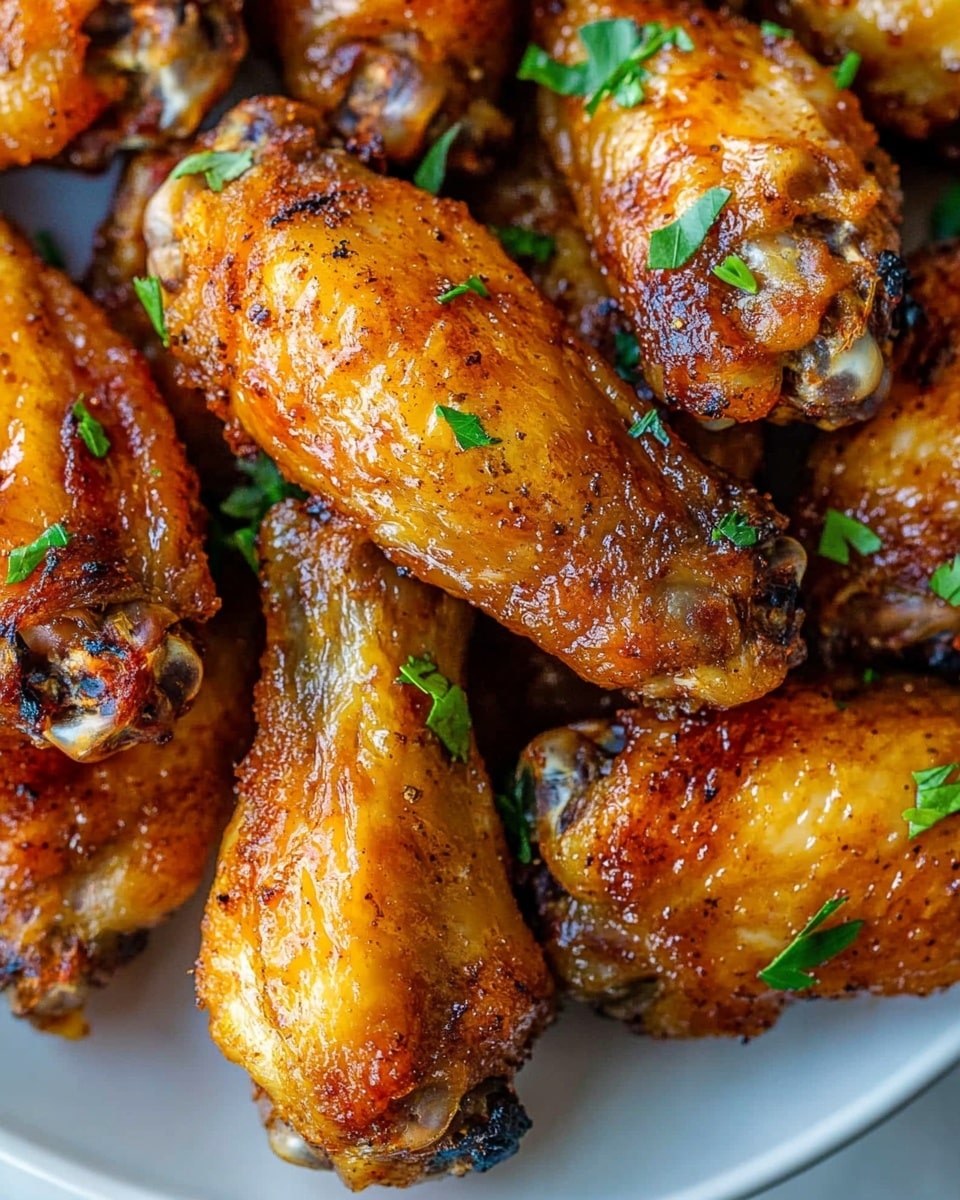 Air Fryer Chicken Wings, crispy chicken wings, quick chicken wing recipe, easy air fryer wings, healthy chicken wings A close-up view of a plate filled with golden brown chicken wings arranged closely together, showing a crispy texture with some darker grilled spots. The wings have a slightly shiny surface with hints of light oil and seasonings visible, topped with small green herb pieces scattered across the top for contrast. The white plate beneath the chicken wings has a smooth surface and is set against a white marbled background.