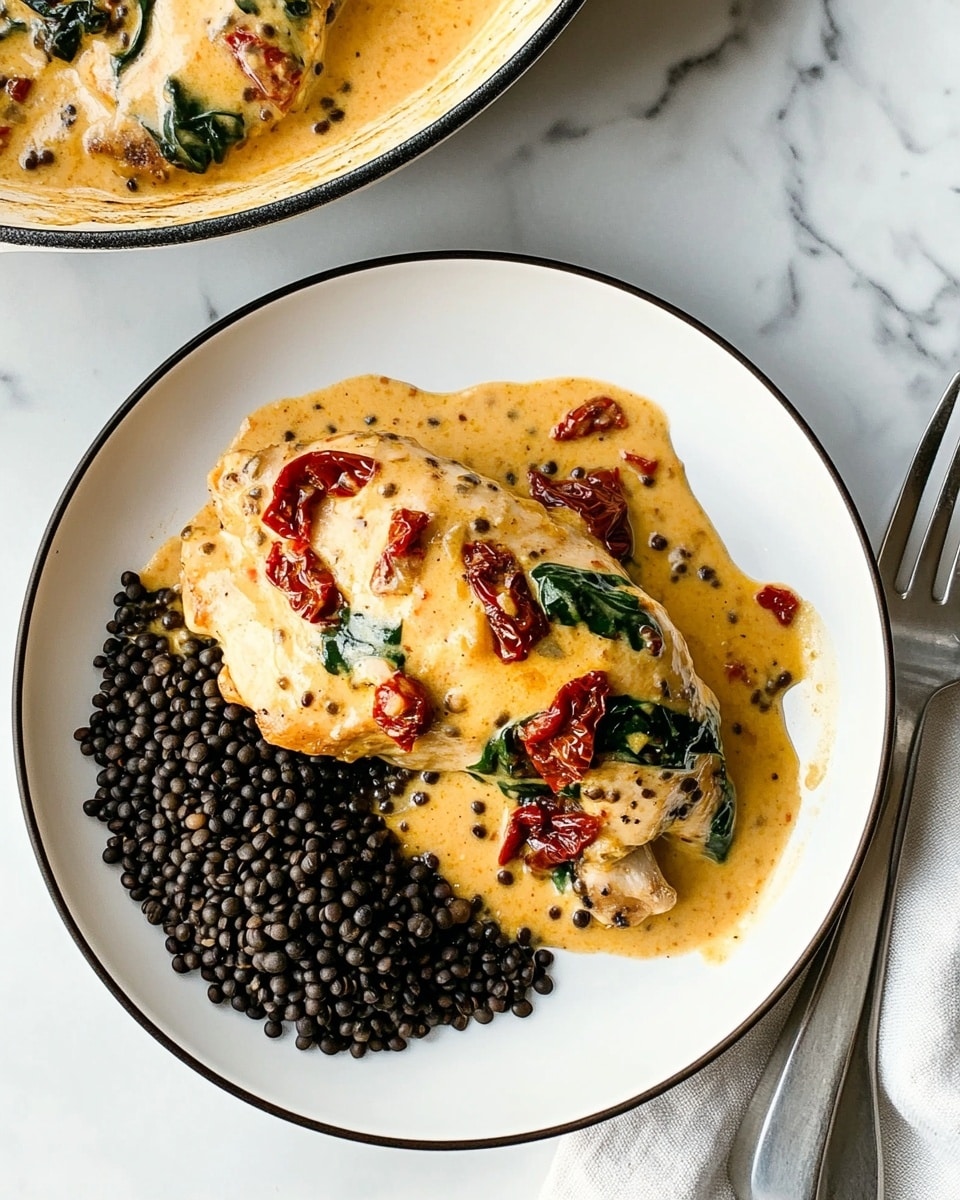 Creamy Tuscan Chicken, Creamy Tuscan Chicken recipe, Tuscan chicken recipe, Italian chicken dinner, easy creamy chicken A white plate with a black rim holds two main parts: on the left, a pile of small, shiny black lentils, and on the right, a piece of light golden chicken covered with a creamy orange sauce that has pieces of dark green spinach and red sun-dried tomatoes mixed in. The sauce looks thick and smooth with some black pepper visible. To the right of the plate, a silver fork rests partially on the plate, with a silver knife beside it on a white marbled surface. Above, a white pan with a black rim contains more pieces of chicken in the same creamy orange sauce with spinach and sun-dried tomatoes. The