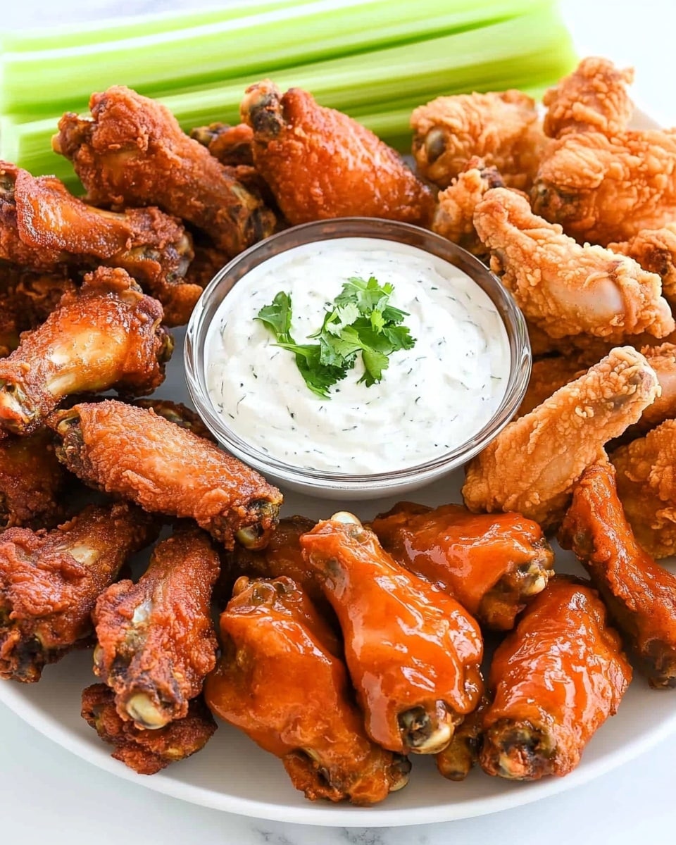 Buffalo Wing Platter Blue Cheese Dip, Buffalo Wing Party Platter, Crispy Buffalo Wings with Blue Cheese, Homemade Buffalo Wing Dipping Sauce, Finger-Lickin' Buffalo Wings A white oval plate is arranged with three main sections around a small glass bowl of creamy white dip garnished with a green herb. On one side, there are crunchy golden-brown fried chicken pieces with a rough texture. Below this, bright orange carrot sticks are neatly stacked in parallel lines. On the opposite side, there are crispy chicken wings with a shiny reddish-brown glaze. Next to the wings, fresh celery sticks are stacked vertically, showing a bright green color and crisp texture. The plate sits on a white marbled surface.