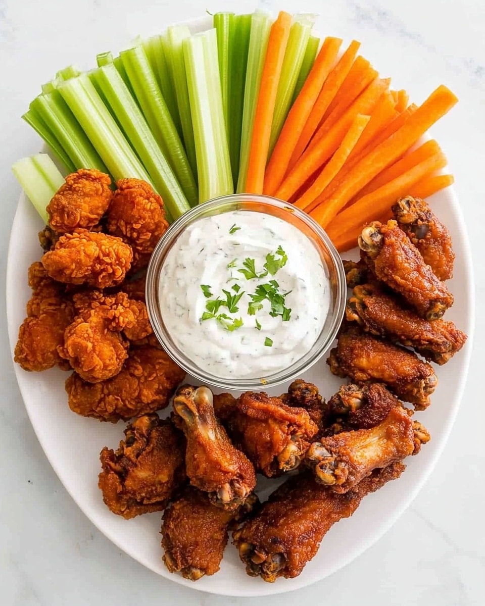 Buffalo Wing Platter Blue Cheese Dip, Buffalo Wing Party Platter, Crispy Buffalo Wings with Blue Cheese, Homemade Buffalo Wing Dipping Sauce, Finger-Lickin' Buffalo Wings The image shows a white plate filled with two types of chicken wings arranged in two groups: one side has crispy fried wings with a golden-brown, crunchy texture, and the other side has saucy wings with a glossy, reddish-orange coating. In the center of the plate, there is a small clear bowl with a thick white creamy dip topped with two small green herb sprigs. Around the bowl, fresh, bright green celery sticks are neatly placed on the white marbled surface.