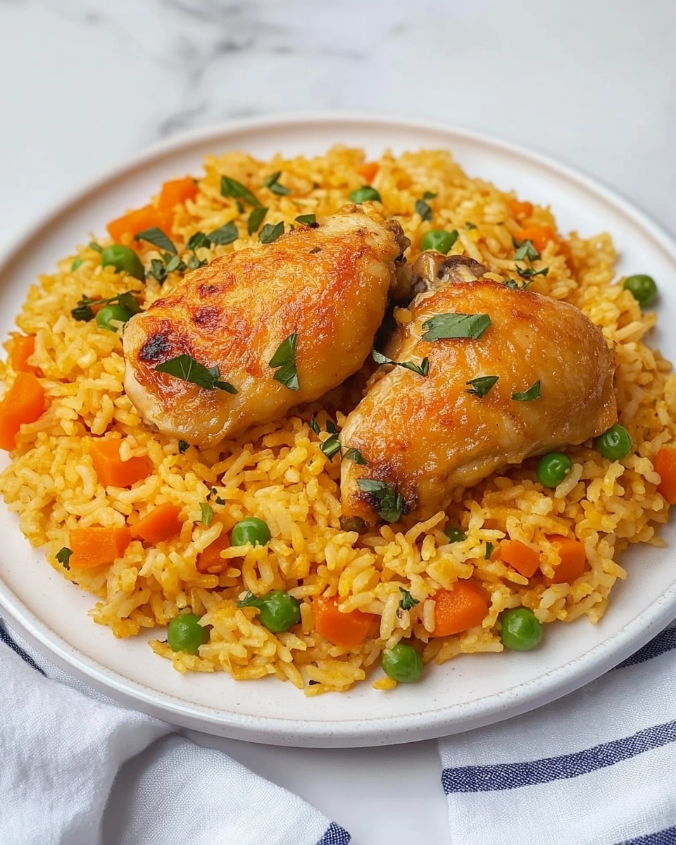 Arroz con Pollo, Arroz con Pollo recipe, Spanish chicken and rice, flavorful Latin rice dish, easy Arroz con Pollo A large round metal pan with two handles holds a colorful dish with visible layers. The base layer is light brown rice, spread evenly across the pan. Mixed within the rice are small, bright green peas and diced red and orange vegetables, adding color and texture. On top of the rice and vegetables, there are eight golden yellow chicken pieces arranged in a circular pattern around the pan, each piece showing a smooth, cooked surface with hints of seasoning. The dish is garnished with some thin green herbs scattered lightly over everything. The pan sits on a white marbled surface with a blue and white striped cloth nearby.