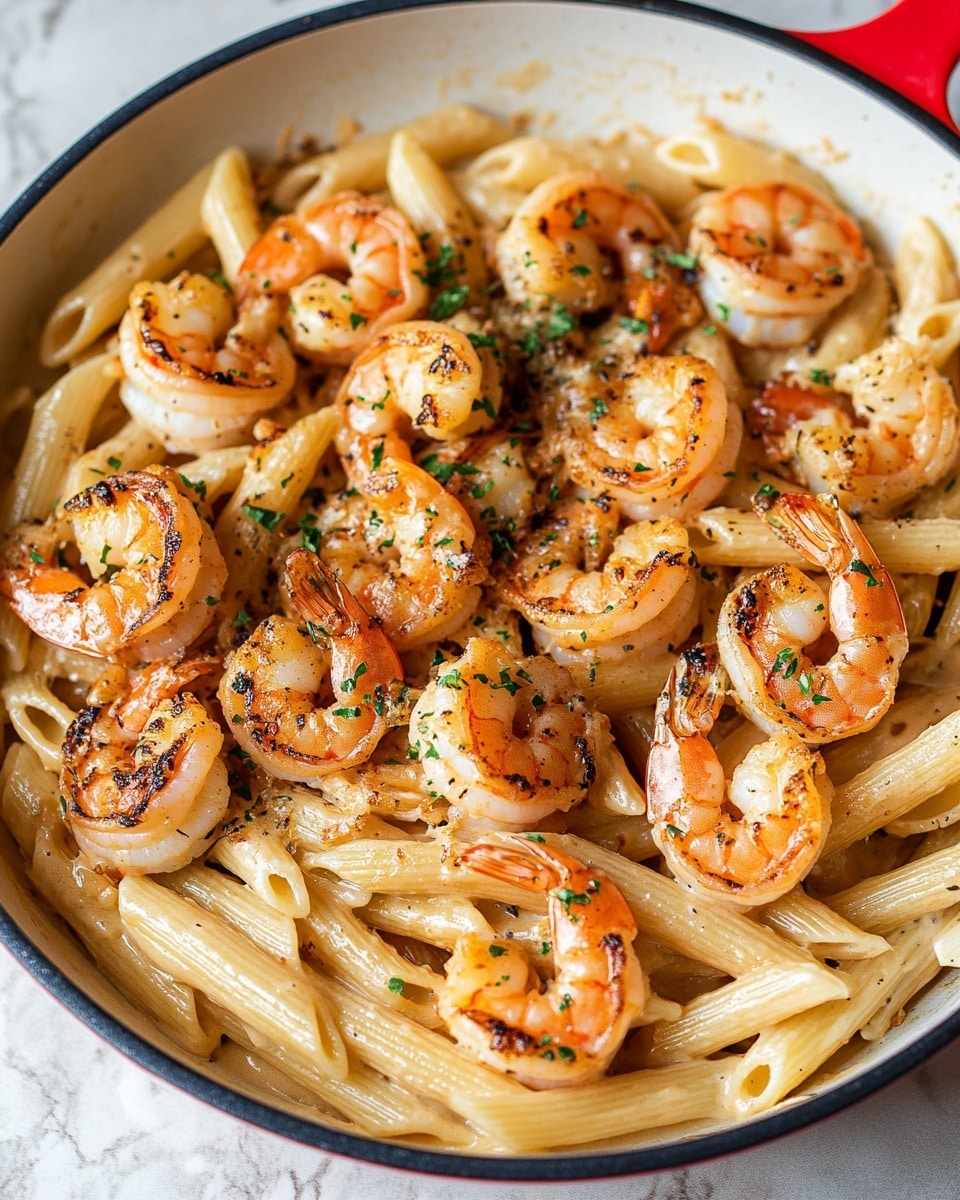 Cajun Shrimp Pasta, Cajun shrimp pasta recipe, quick Cajun pasta, creamy Cajun pasta for dinner, spicy shrimp pasta A close-up of a white pan filled with two layers: the bottom layer is creamy light yellow penne pasta mixed with herbs and sauce, showing a shiny, slightly oily texture, and the top layer is a generous amount of grilled shrimp, orange with charred marks and sprinkled with green herbs. The red edge of the pan is just visible and the pan sits on a white marbled surface.