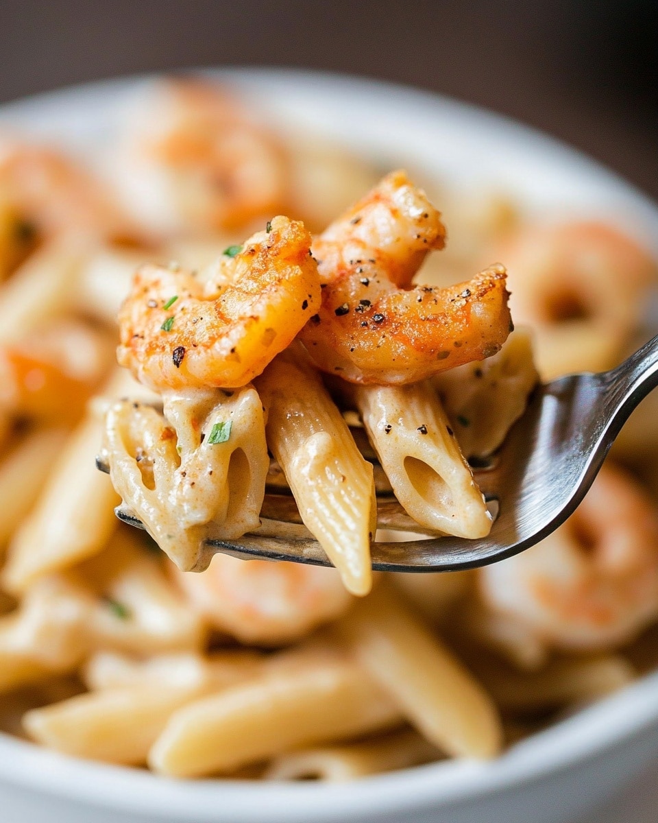 Cajun Shrimp Pasta, Cajun shrimp pasta recipe, quick Cajun pasta, creamy Cajun pasta for dinner, spicy shrimp pasta A white pan with a red handle is filled with creamy beige penne pasta as the base layer, topped evenly with golden brown cooked shrimp that have a slightly charred texture. Small green herb bits are sprinkled over the shrimp and pasta, adding a fresh touch. The pan sits on a white marbled texture, and the colors of the food stand out clearly.