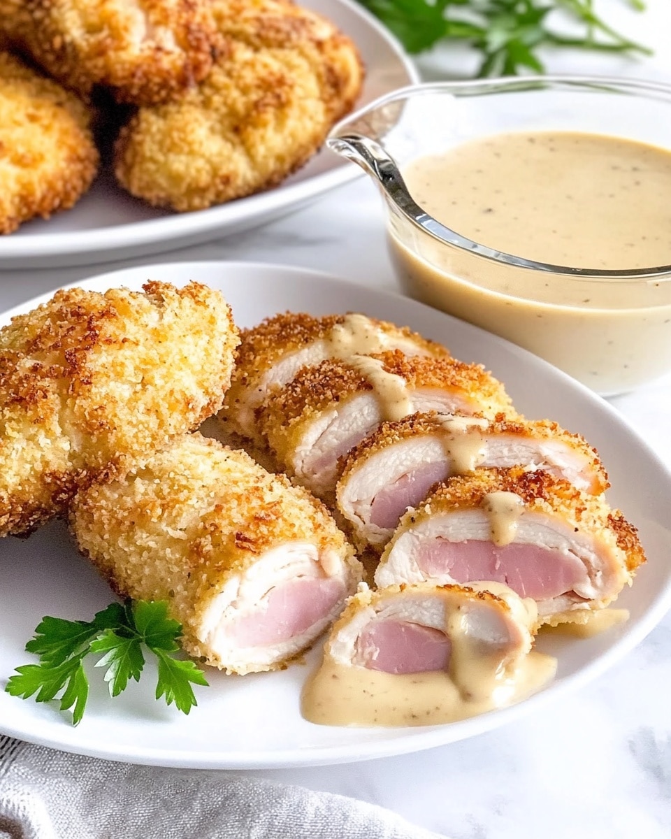 Easy Chicken Cordon Bleu, Chicken Cordon Bleu recipe, crispy chicken cordon bleu, homemade Chicken Cordon Bleu, quick chicken dinner The image shows sliced breaded chicken pieces with a crispy, golden-brown breadcrumb coating on the outside, revealing white chicken meat inside with pink ham and melted cheese layers. The chicken pieces are arranged on a white plate, and behind them is a white plate holding more whole coated chicken pieces. In front of the plates is a glass gravy boat filled with a thick, creamy beige sauce topped with a small green parsley leaf. The background is a white marbled texture.