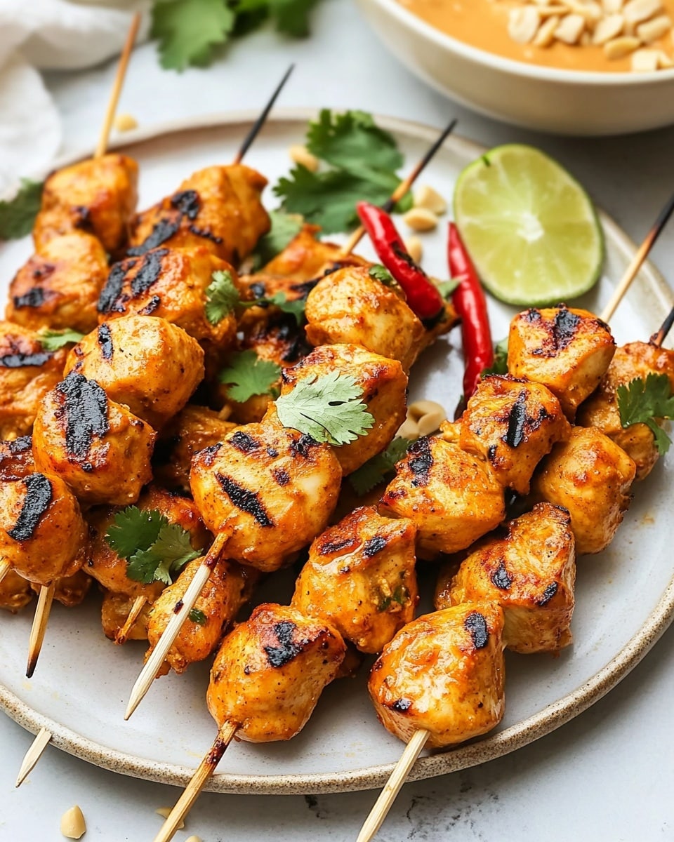 Chicken Satay with Easy Peanut Sauce, Chicken Satay marinade, flavorful peanut sauce, easy Asian chicken dish, quick dinner ideas A skewer with three large, orange-brown grilled chicken pieces, showing charred grill marks, is being dipped into a shallow white bowl filled with smooth, creamy orange peanut sauce. The sauce has small chunks of chopped peanuts and two thin red chili slices floating on its surface. In the blurred background, there is another white bowl with more grilled chicken and some green herbs on a white marbled surface. The scene is bright and close up, showing texture and detail.