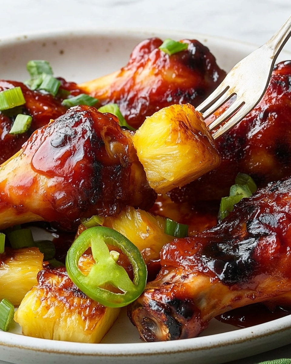 Sheet-Pan BBQ Pineapple Chicken, BBQ chicken with pineapple, easy pineapple chicken recipe, one-pan chicken dinner, tropical BBQ chicken The dish shows several pieces of glazed chicken drumsticks arranged on a white plate, each covered in a shiny, dark red barbecue sauce with some charred spots. Thin pineapple rings with a golden, slightly caramelized texture sit on top and between the chicken pieces, adding a bright yellow contrast. Small slices of green jalapeño and chopped green onions are sprinkled over the entire dish for a fresh, sharp green touch. A silver serving fork is lifting one of the chicken drumsticks from the plate, revealing the tender, layered meat underneath. The plate is set on a white marbled surface.