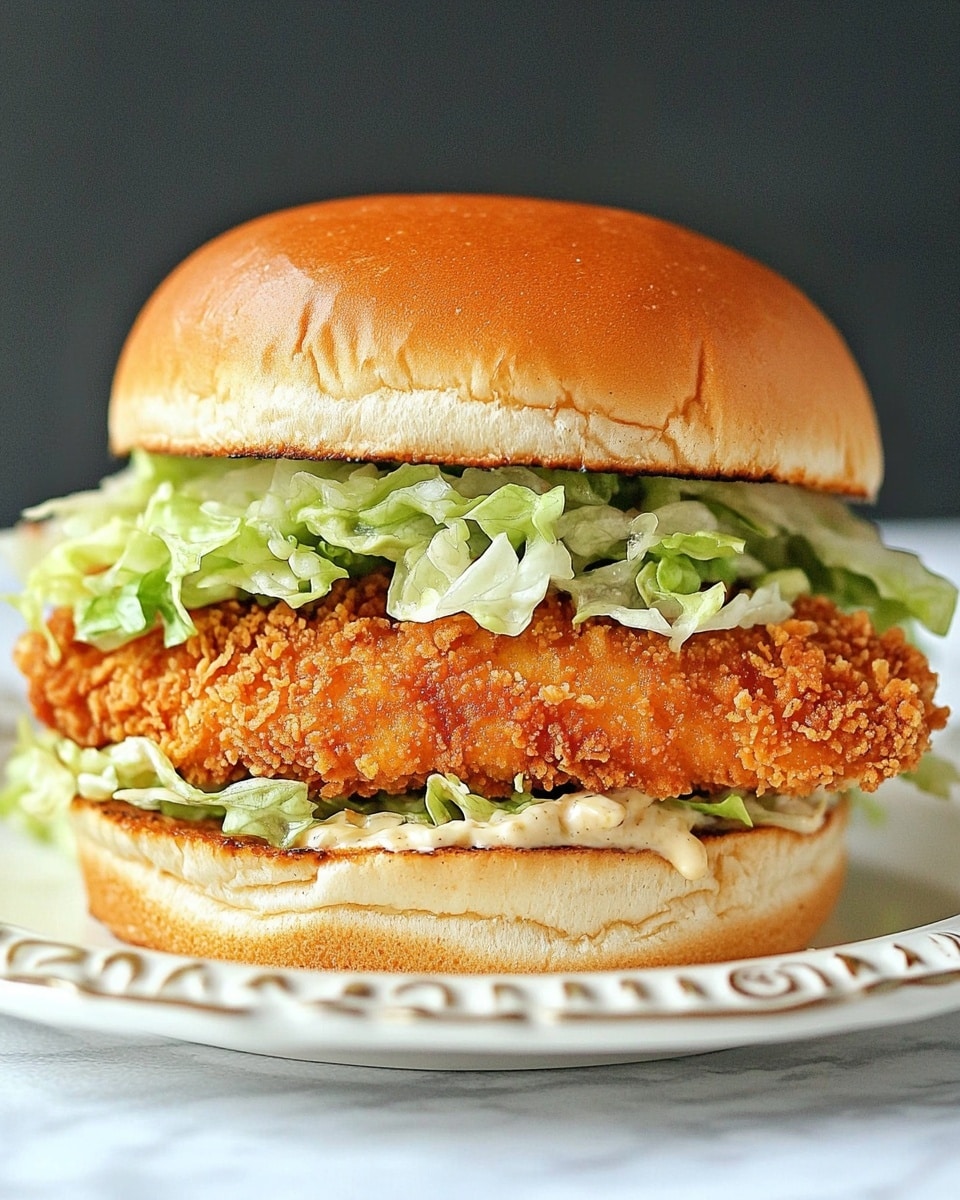 Fried Chicken Caesar Sandwich, Crispy chicken sandwich with Caesar dressing, Easy chicken sandwich recipes, Gourmet chicken sandwich ideas, Toasted brioche chicken sandwich A sandwich with a soft golden top bun on the top, followed by a layer of fresh green shredded lettuce mixed with creamy white sauce, resting on a thick crispy breaded chicken fillet that has a crunchy textured coating in light brown shades. The bottom bun looks soft and pale golden. The sandwich is placed on a white plate with a decorative edge, set on a surface with a white marbled texture.
