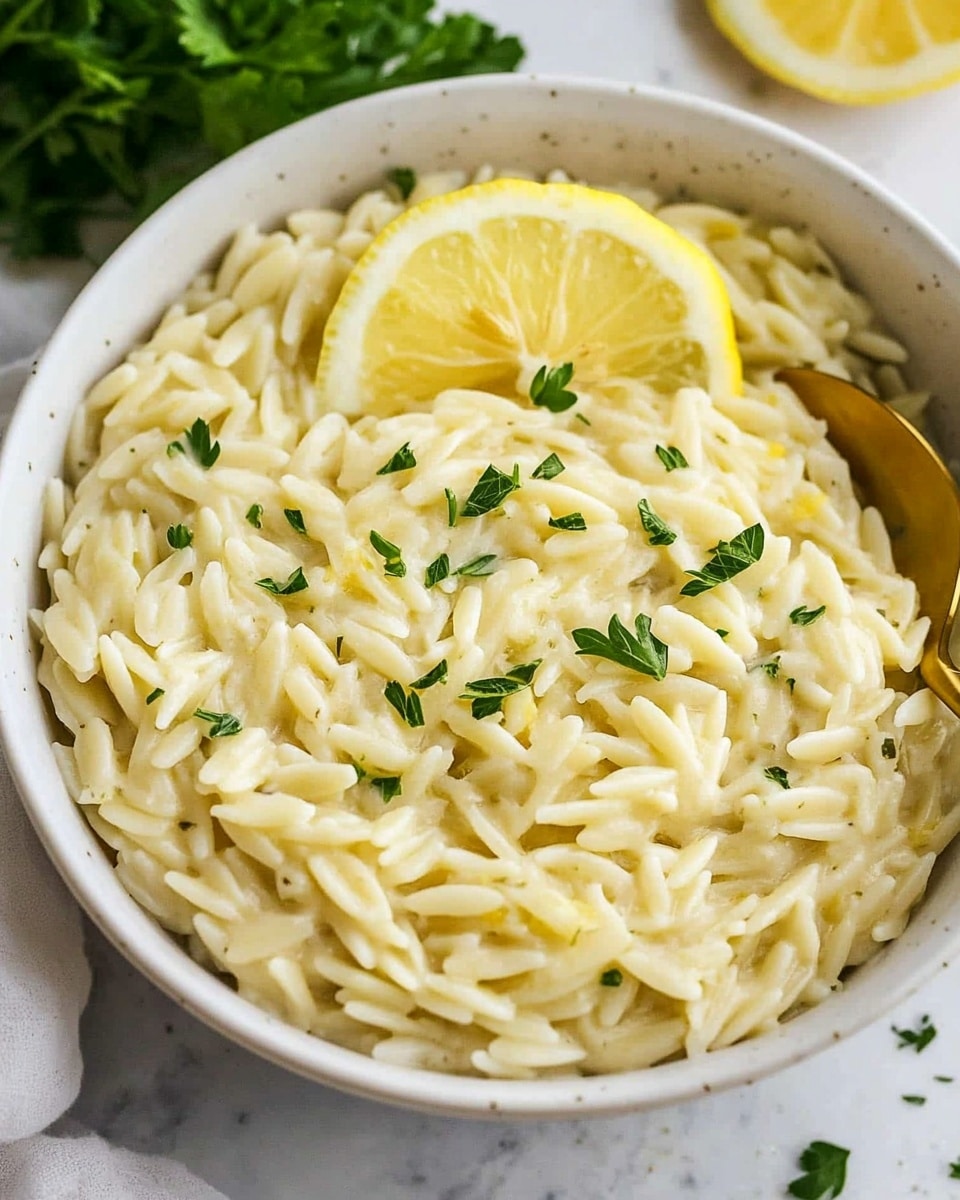 One Pot Lemon Orzo Pasta, Lemon Orzo Pasta, Easy Lemon Orzo, One Pot Pasta Recipes, Quick Lemon Pasta Dishes A white bowl filled with creamy lemon orzo pasta, where small rice-shaped noodles are glossy and light yellow. The orzo is topped with small green parsley bits scattered in the middle and around the edges. On one side of the bowl, there are two thin, bright lemon slices with a yellow rind, resting on top of the orzo. A gold spoon is partially dipped into the orzo on the right side of the bowl. The bowl is on a white marbled surface, with some green leaves and a lemon wedge just outside the bowl.
