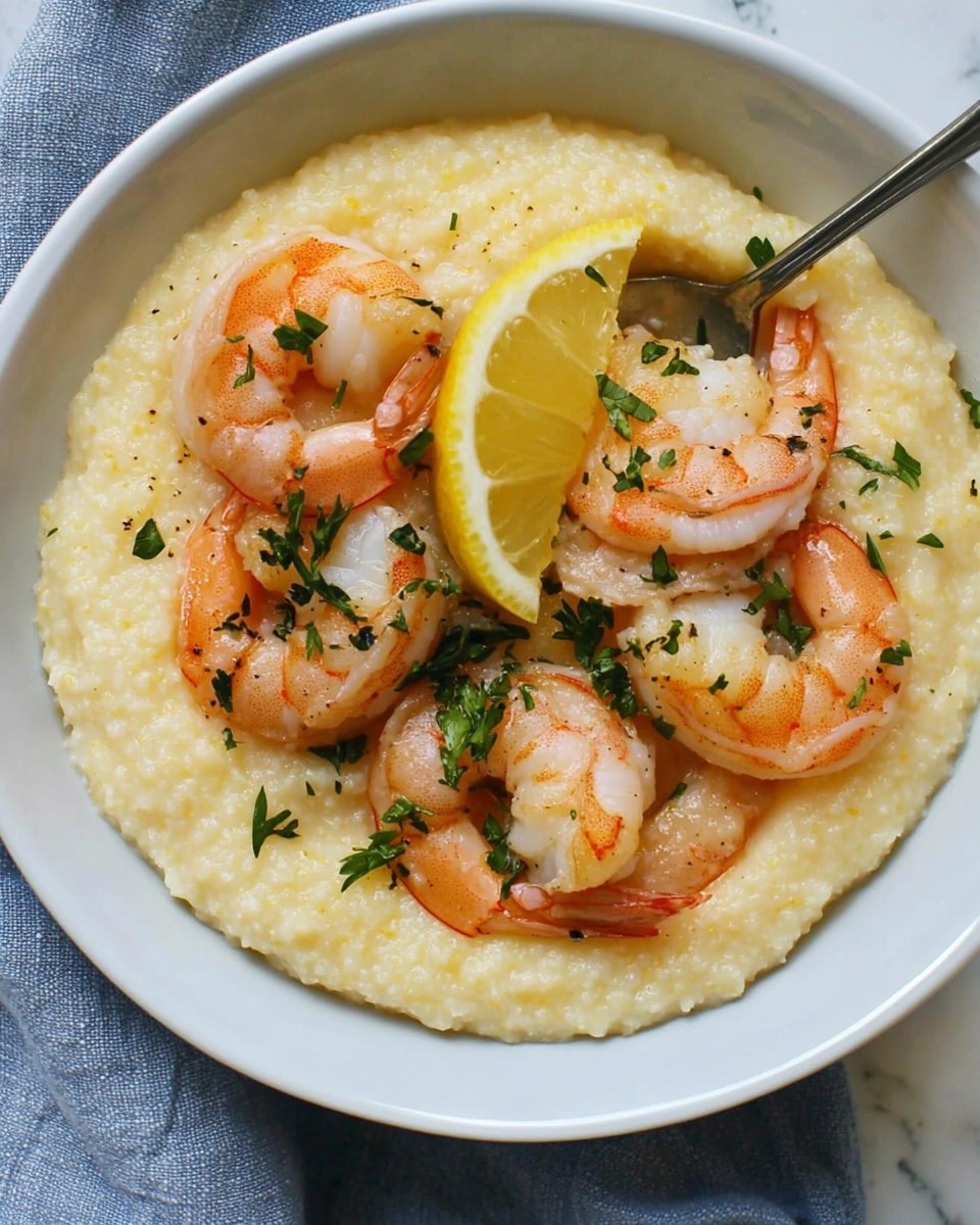 Lemon Garlic Shrimp & Grits, shrimp and grits recipe, easy seafood dinner, quick shrimp recipe, creamy cheesy grits A white bowl filled with a creamy pale yellow grits layer at the bottom, topped with light pink cooked shrimp scattered evenly, sprinkled with small bits of green herbs. A wedge of bright yellow lemon sits on the rim of the bowl. A silver spoon is placed inside the bowl resting on the grits near the shrimp. The bowl is set on a soft blue cloth over a white marbled background.